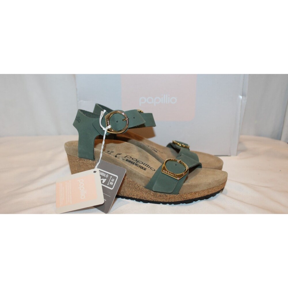 Papillio Birkenstock Soley Ring Buckle Leather Wedge Sandals Thyme 37 EU NARROW
